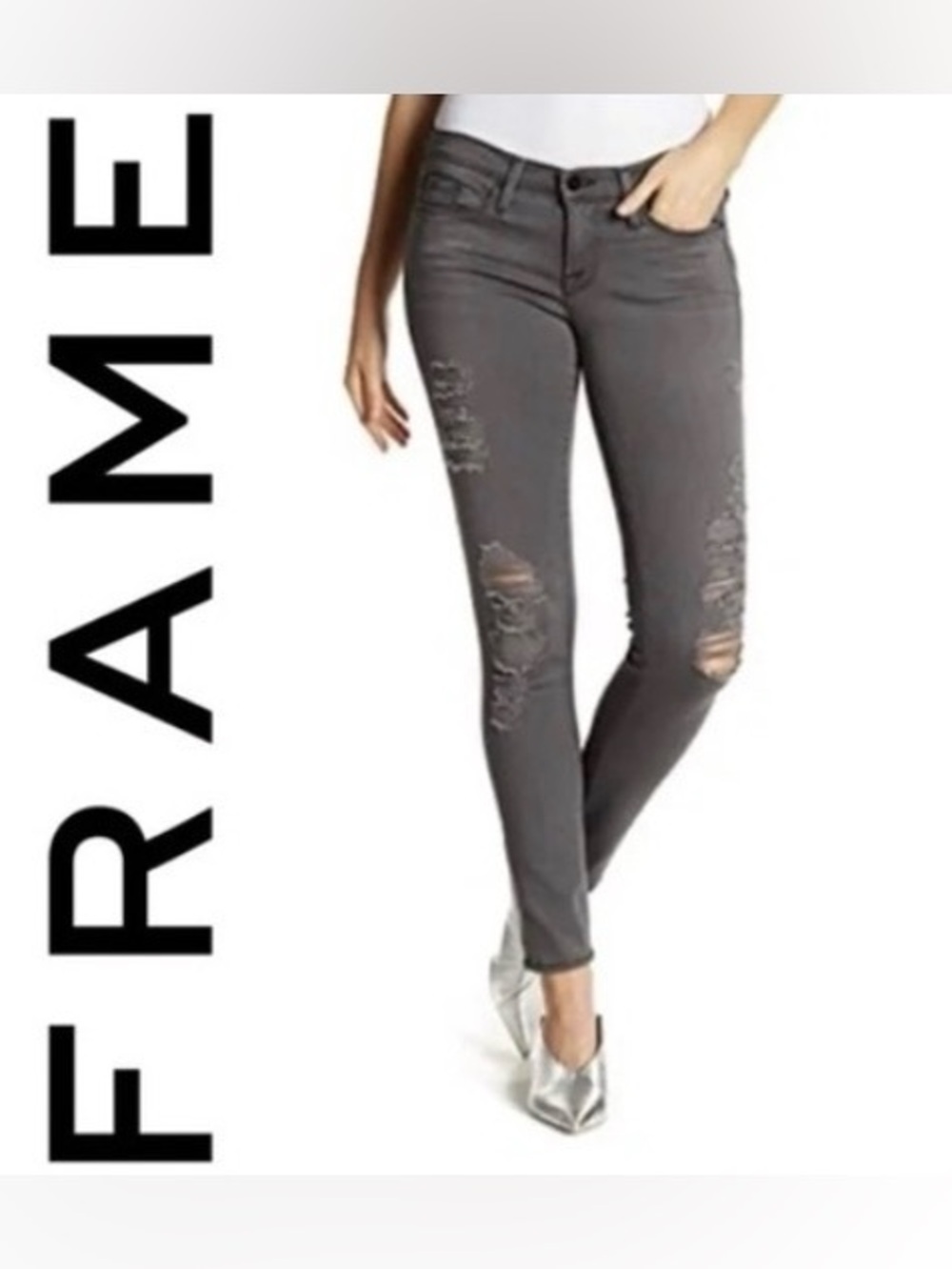 FRAME Le Skinny de Jeanne Grey Shred Jeans 30 Distressed Stretch Denim Skinny